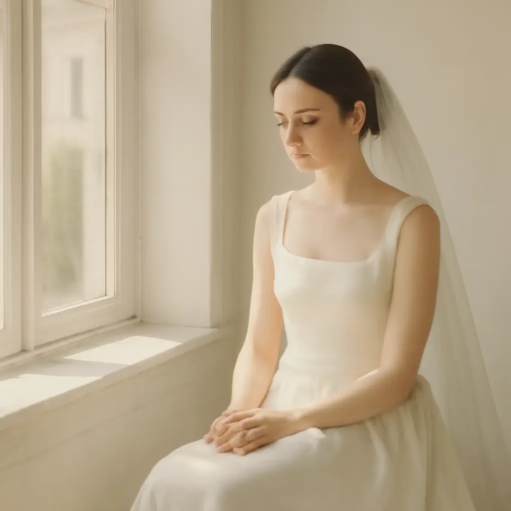 Bride morning calm Bride in a quiet, sunlit room preparing for wedding morning