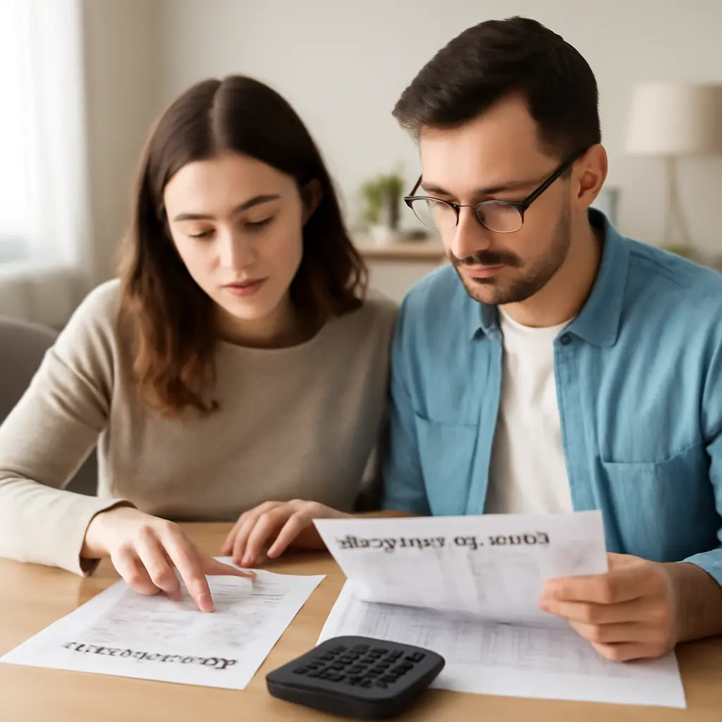 Budget planning Couple reviewing wedding budget notes and calculator