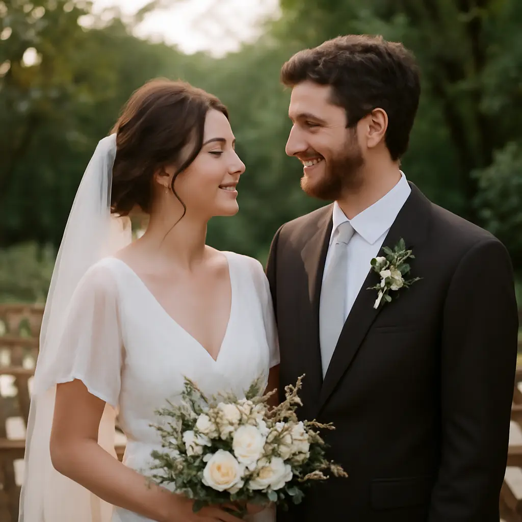 Bride and groom smiling at a small, calm ceremony outdoors