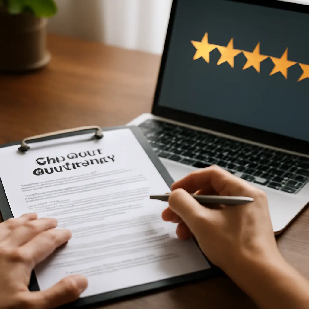 Wedding vendor paperwork and laptop showing ratings