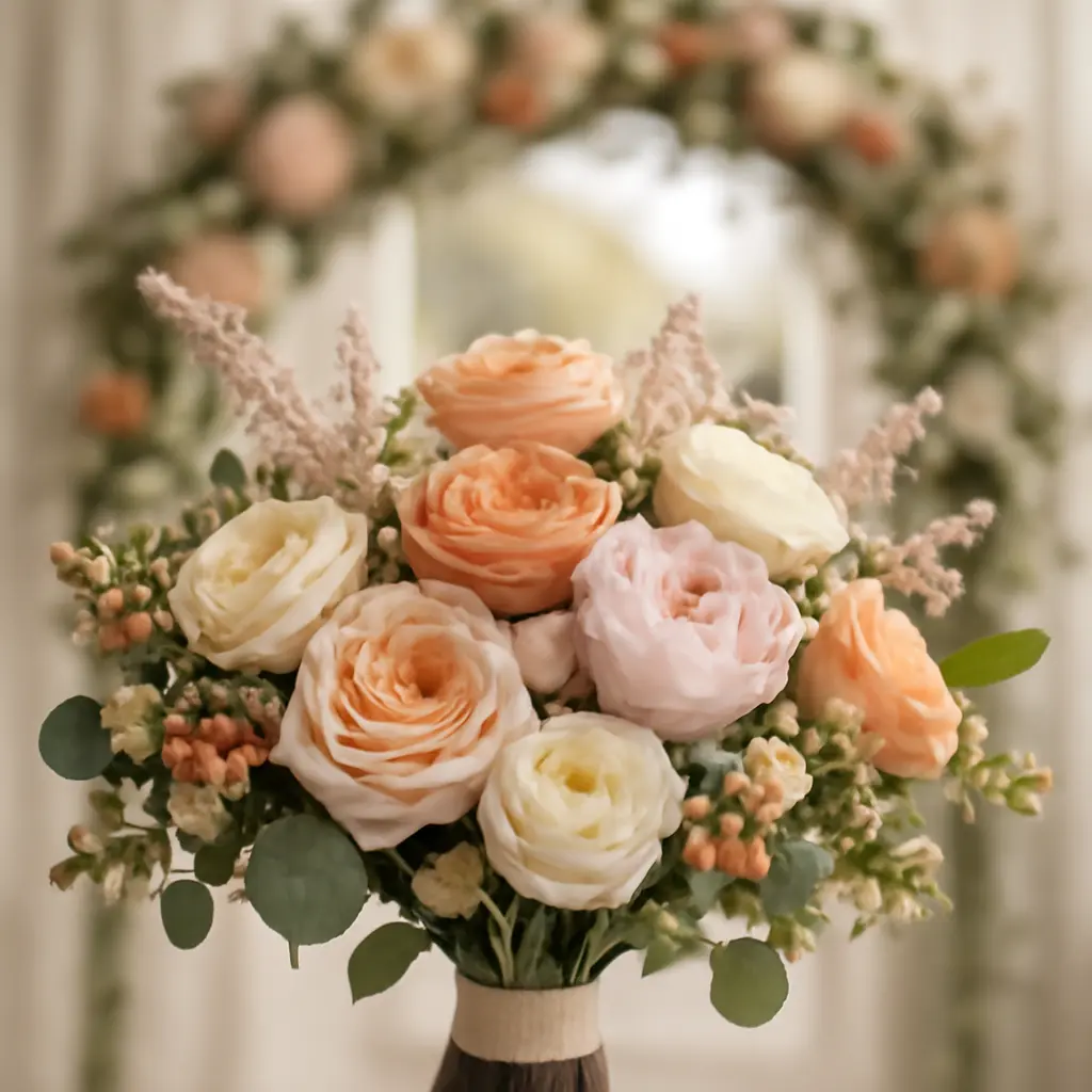 Close-up of a bridal bouquet with an ornate floral arch in the background, soft focus