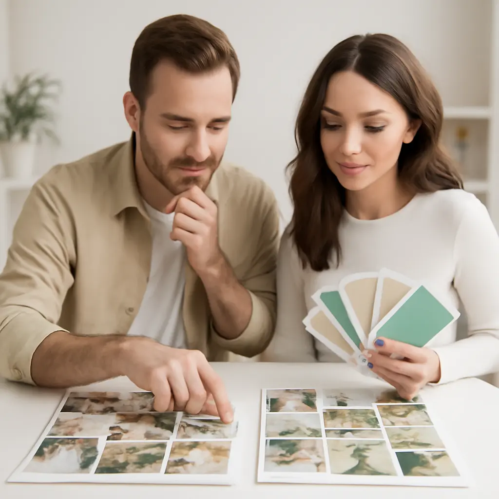 Bride and groom reviewing a trend board with color swatches and mood images