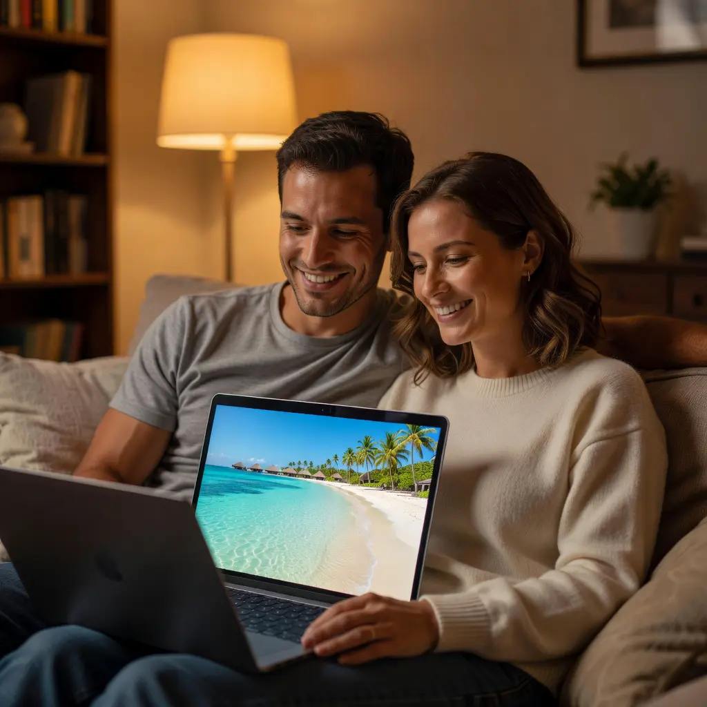 Couple reviewing honeymoon travel plans and savings on a laptop Happy couple sitting together reviewing honeymoon travel destination options and budget savings on a laptop at home