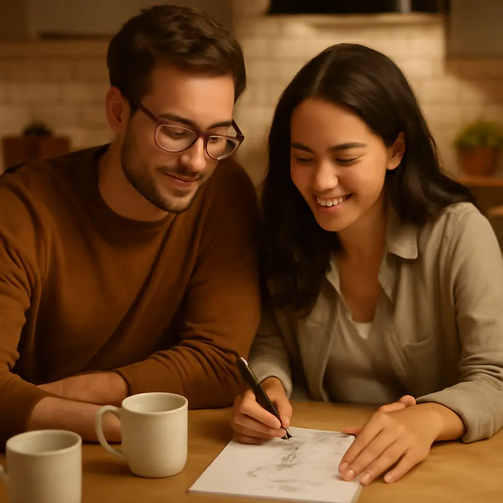 Couple Reviewing List Couple reviewing their wedding guest list at a kitchen table