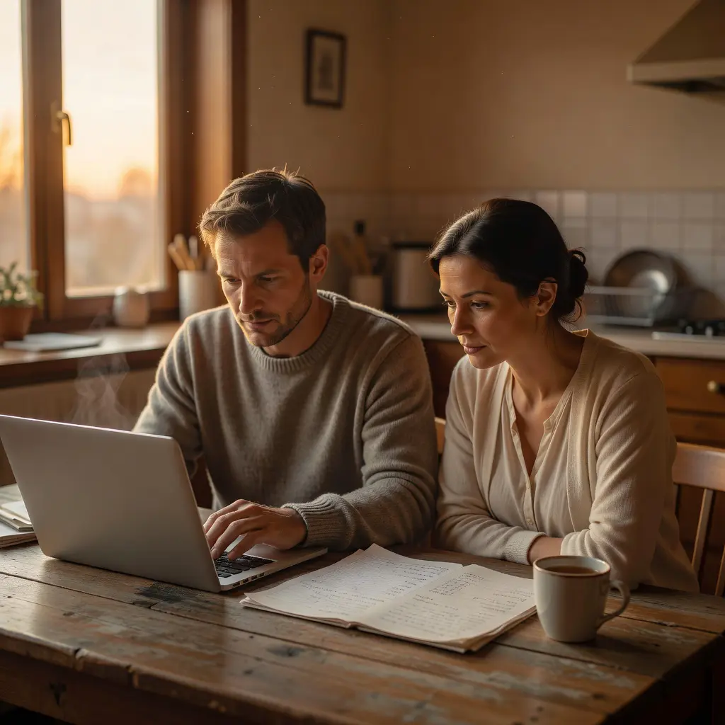An engaged couple sitting at a kitchen table reviewing wedding budget documents and a laptop screen showing platform research, warm evening lighting