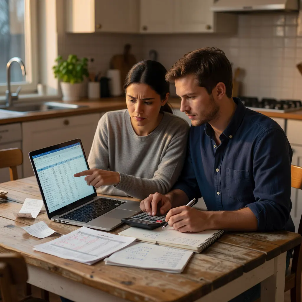 A young couple sitting at a kitchen table reviewing a wedding budget spreadsheet with a calculator and open notebook, warm home lighting