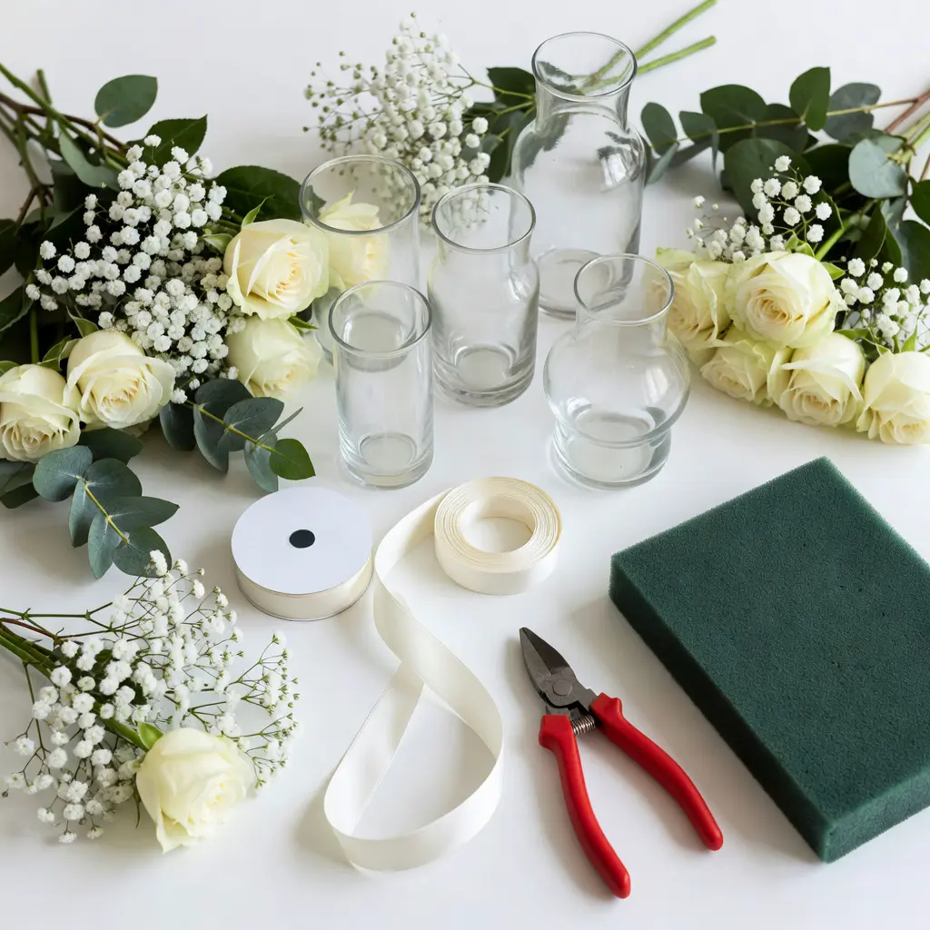 DIY wedding centerpiece materials and supplies laid out for comparison Flat lay of DIY wedding centerpiece supplies including flowers, vases, ribbon and craft tools showing true material costs