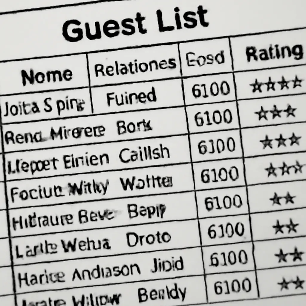 Guest List Table Spreadsheet-style guest list with scores and categories