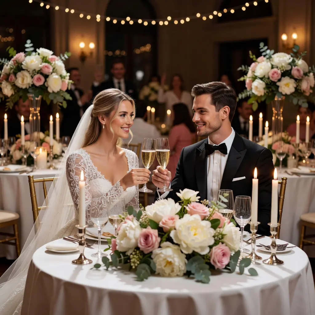 A happy couple toasting with champagne flutes in a beautifully decorated wedding reception hall with floral centerpieces and soft lighting