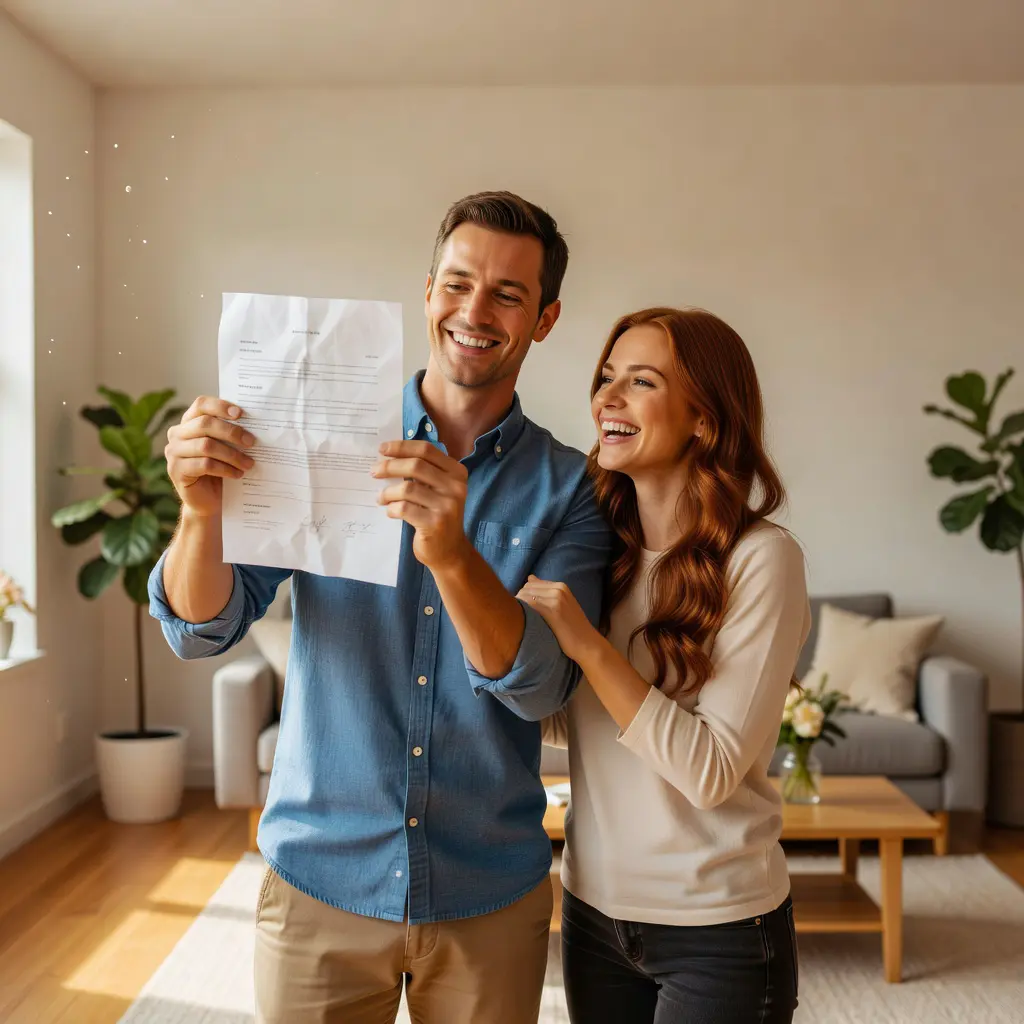 A joyful couple at home celebrating a personal financial milestone, smiling warmly while looking at a piece of paper representing their wedding savings achievement