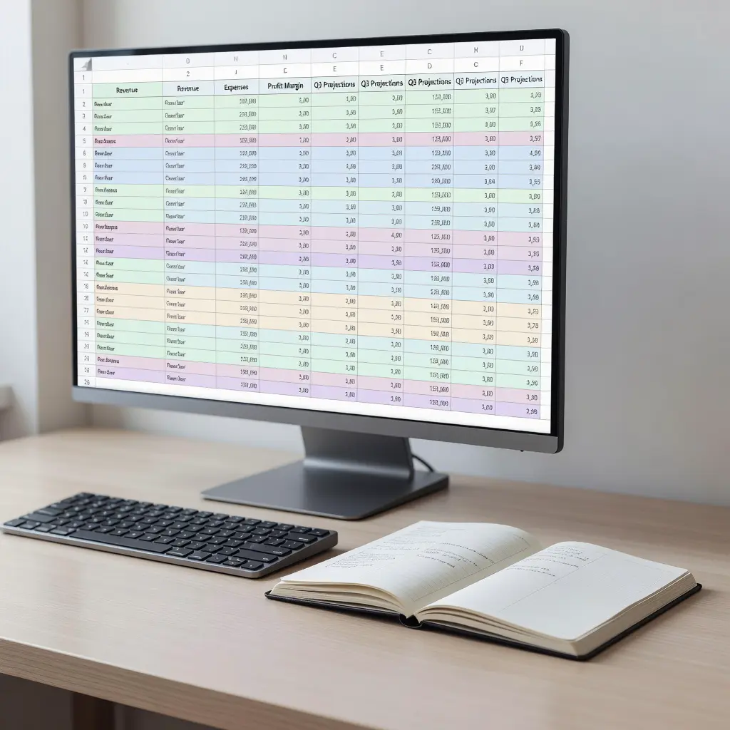 A neat spreadsheet on a computer monitor showing monthly gaming budget allocations and cumulative wedding fund contributions alongside a wedding planning binder