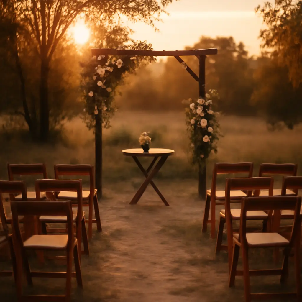 Intimate wedding setup with a few guests sitting outdoors