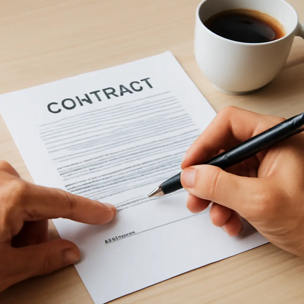 Vendor contract review Close-up of hands reviewing a wedding vendor contract