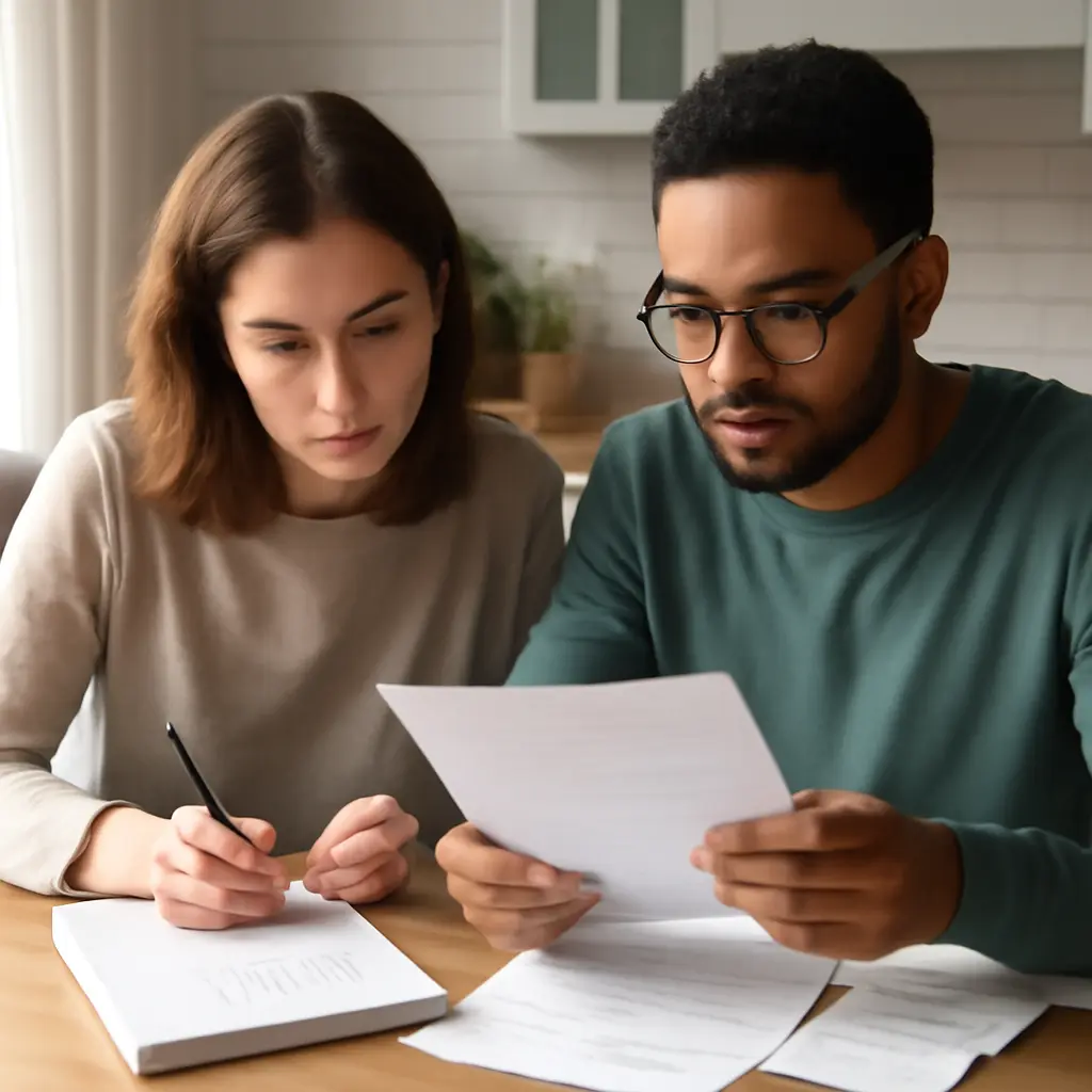 Wedding budget notes A couple reviewing wedding budget notes and invoices