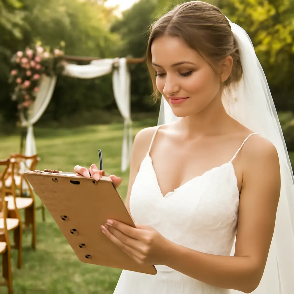 Bride checking a vendor checklist on a clipboard