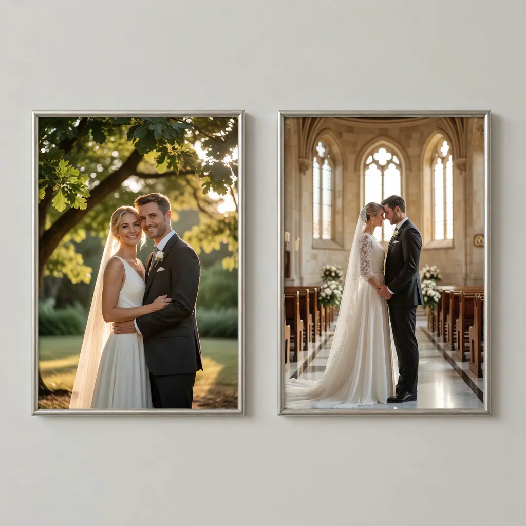 Wedding photographer comparing portfolio quality at different price points Two wedding photos side by side showing similar quality at different price points, demonstrating that cost does not always equal quality