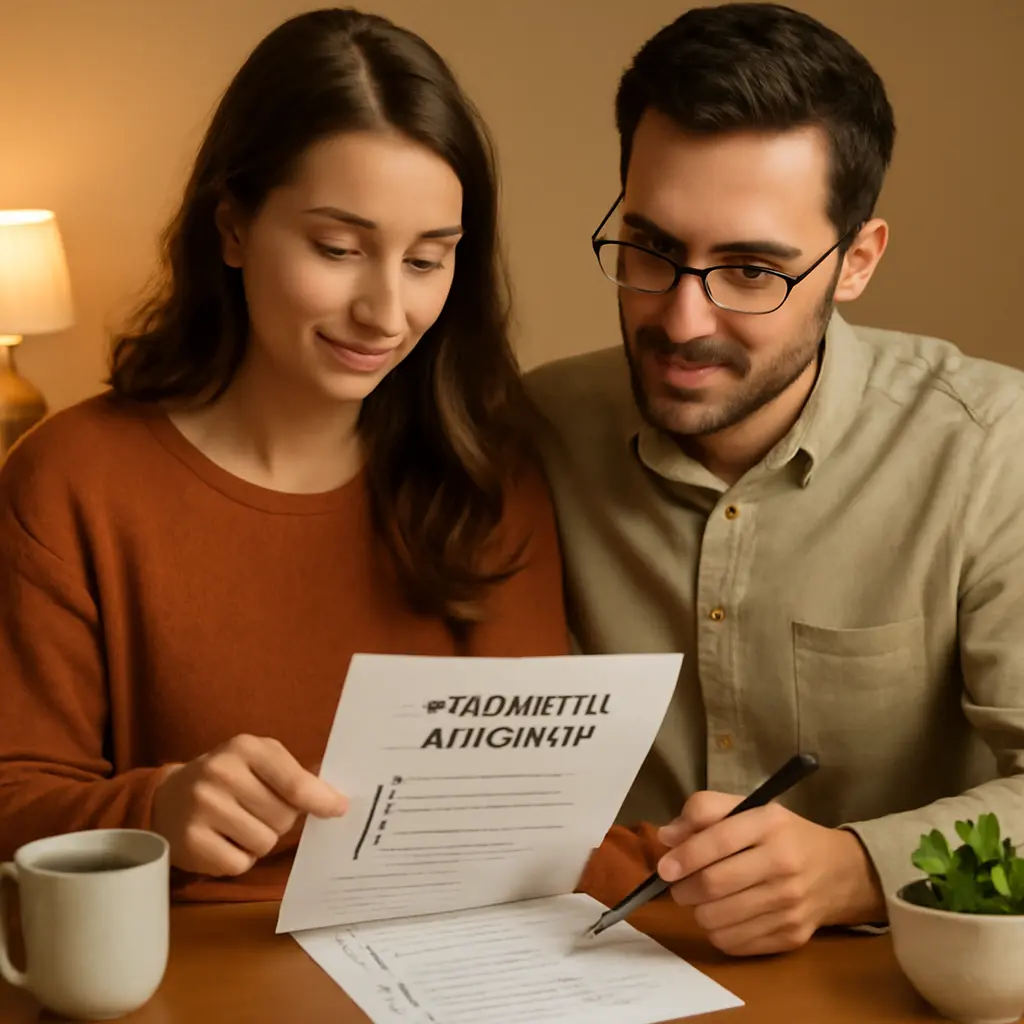 Couple reviewing a wedding planning checklist on a table