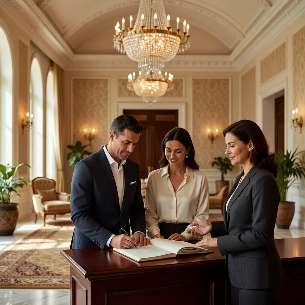 A couple signing a wedding venue contract at a reception desk with a smiling venue coordinator in an elegant interior